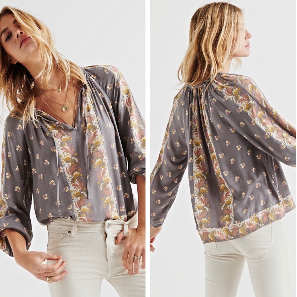 Lucky Brand Border Print Top - gray and floral
